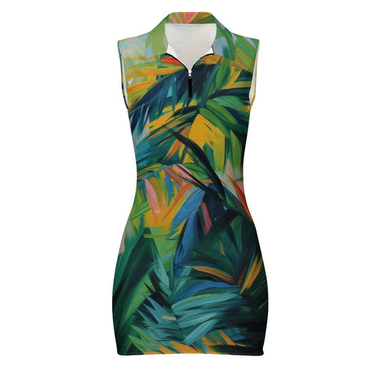 Rachel Michelle Abstract Palms Polo Sleeveless Zip Up Dress