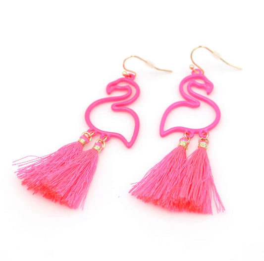 Florescent Pink Flamingo Tassel Earrings