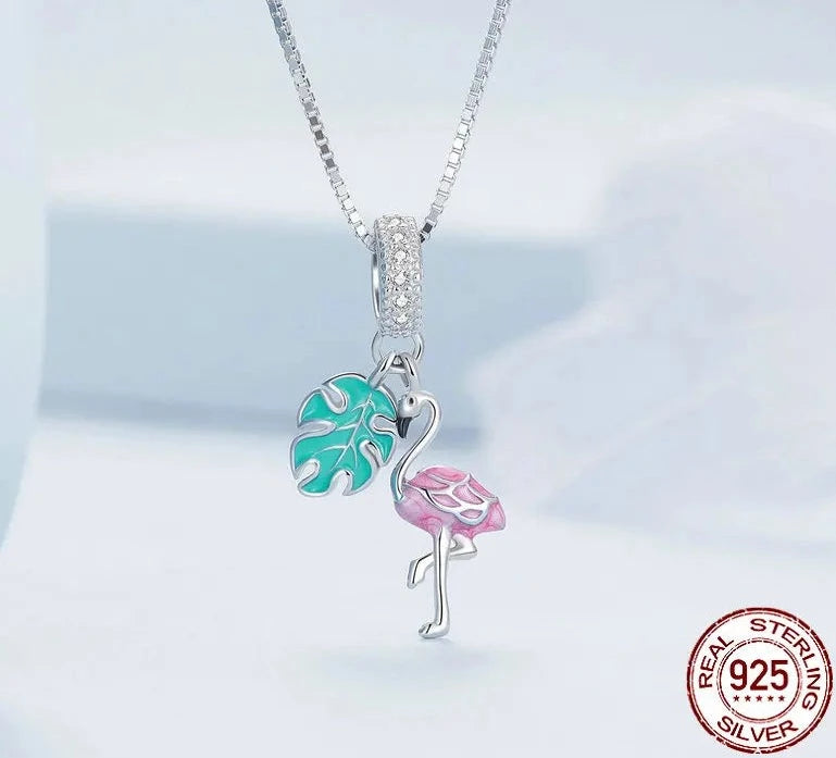 925 Sterling Silver Enamel Pink Flamingo Pendant Necklace Pave Setting