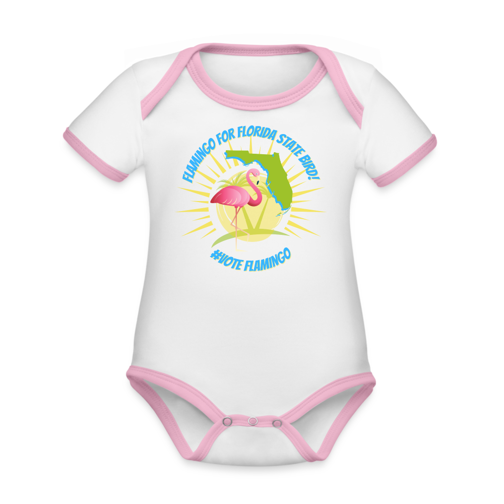 Vote Flamingo! Organic Contrast Short Sleeve Baby Bodysuit - white/pink