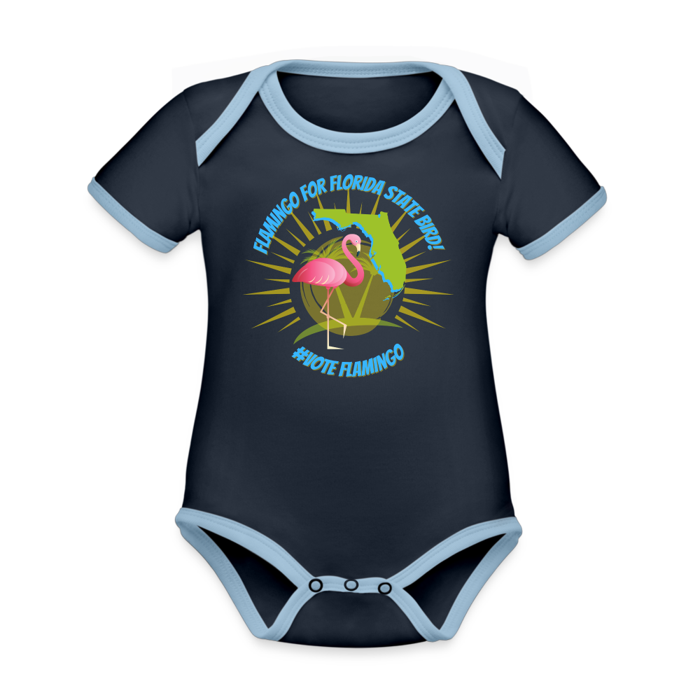 Vote Flamingo! Organic Contrast Short Sleeve Baby Bodysuit - navy/sky