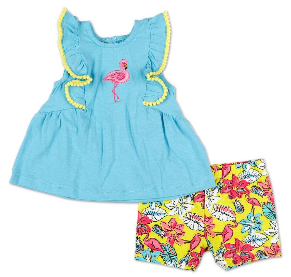 Girls 2 Pc Tropical Flamingo Top & Shorts Set