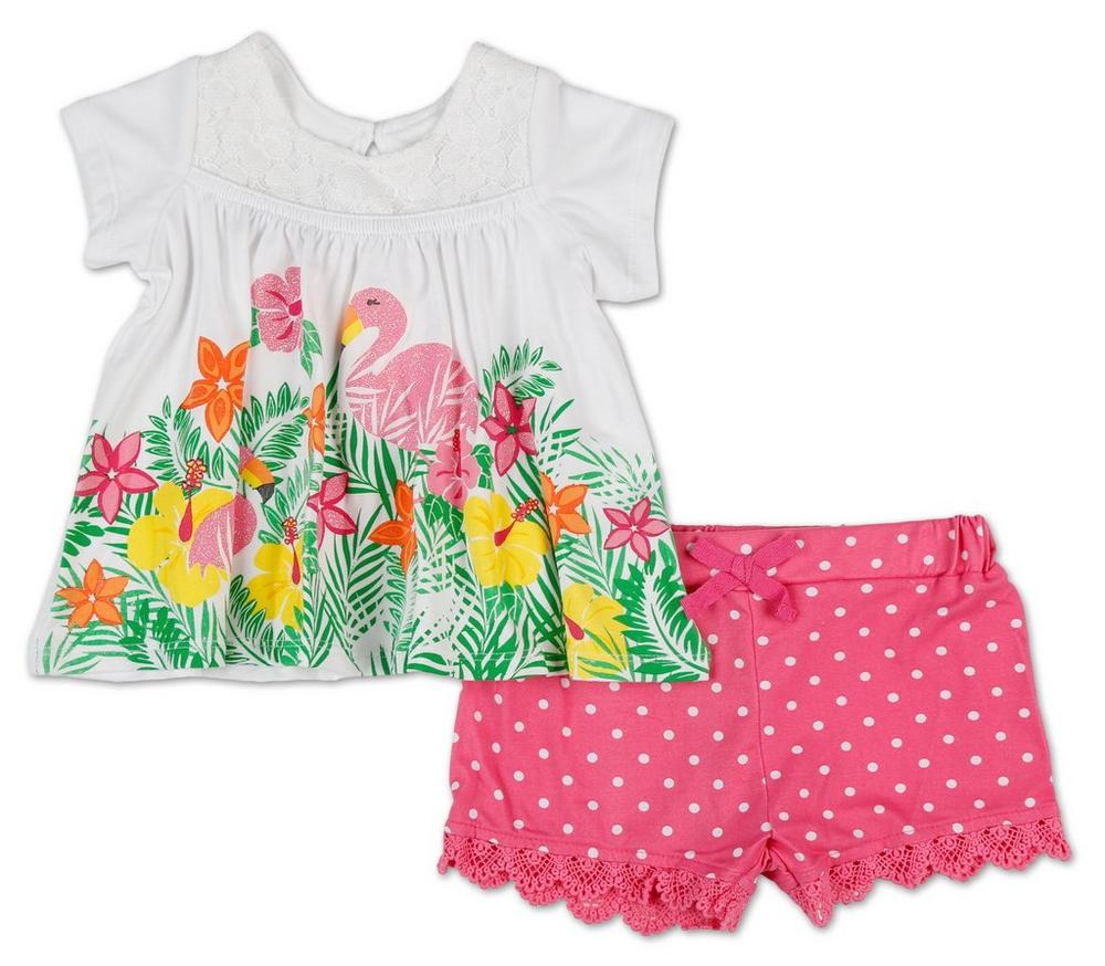 Girls Glitter Flamingo Top & Dots Shorts Set - Pink (12-24M) Color: Pink
