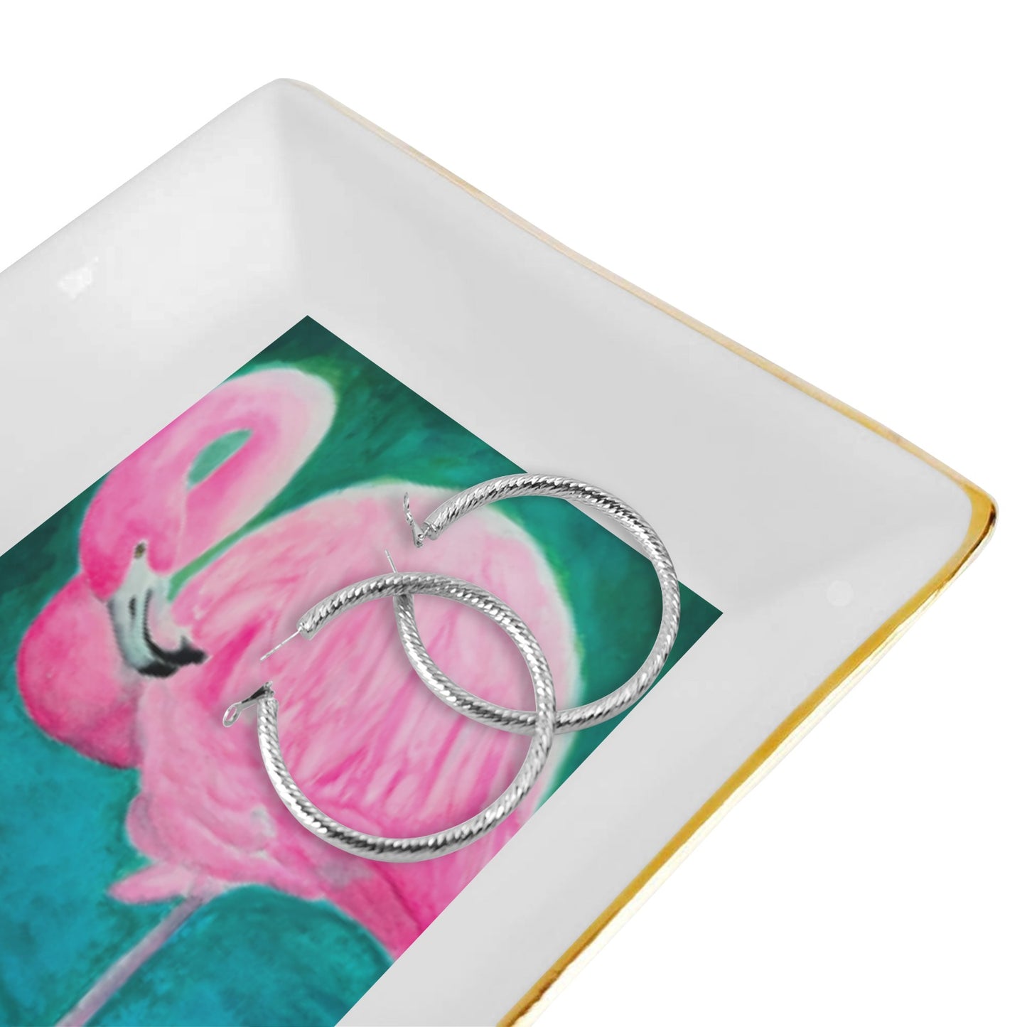Beautiful Flamingo Square Jewelry Tray with Golden Edge