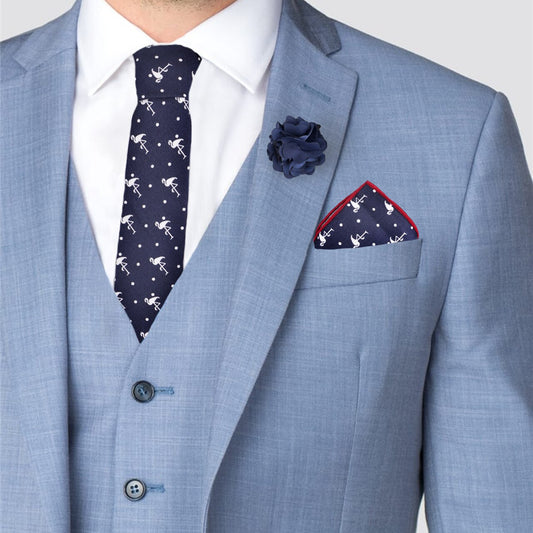 Men's Flamingo Print Cotton Skinny Tie w/ Handkerchief and Flower Lapel Pin