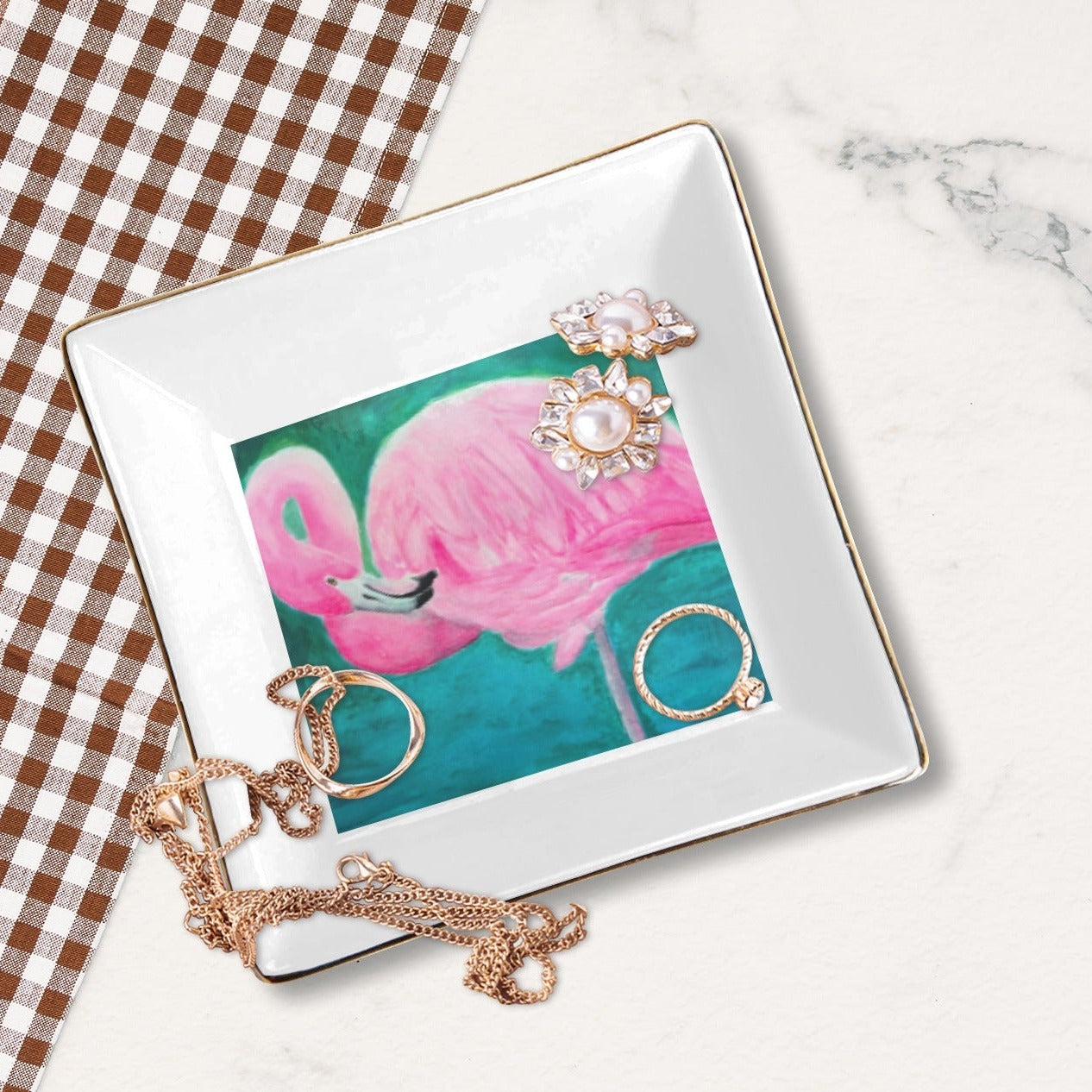 Beautiful Flamingo Square Jewelry Tray with Golden Edge