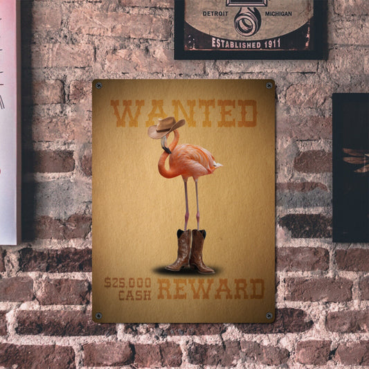 Flamingo Cowboy Wanted Poster Metal Sign