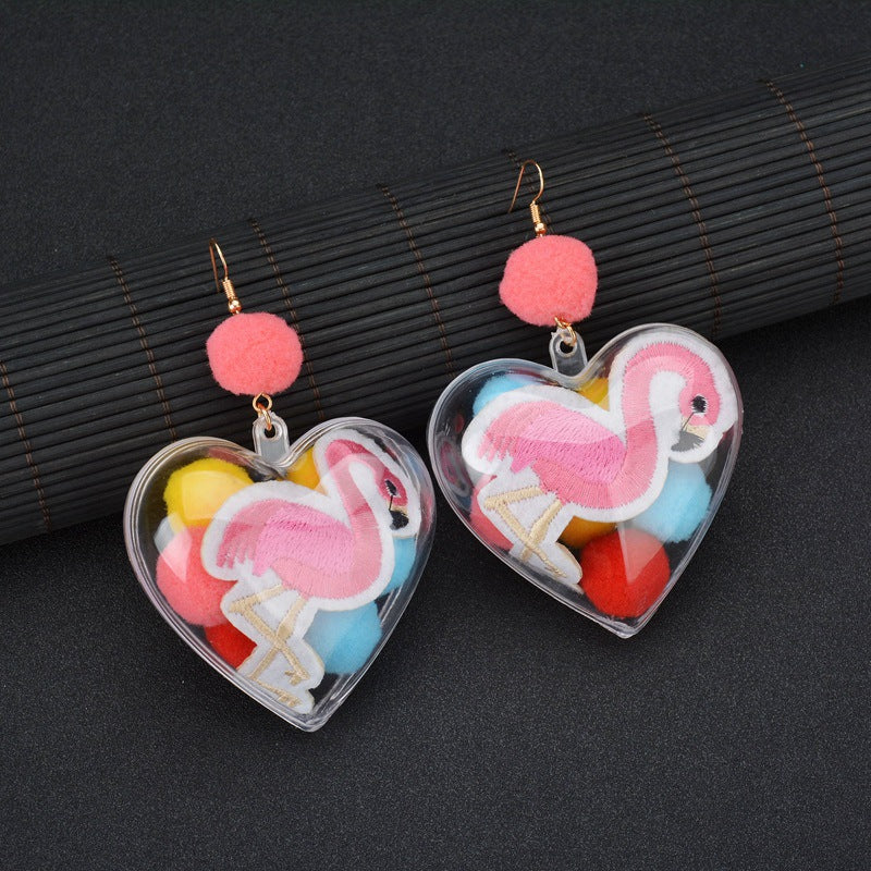 Flamingo Colorful Plush Ball Heart Shaped Charm Big Drop Earrings - The Flamingo Shop