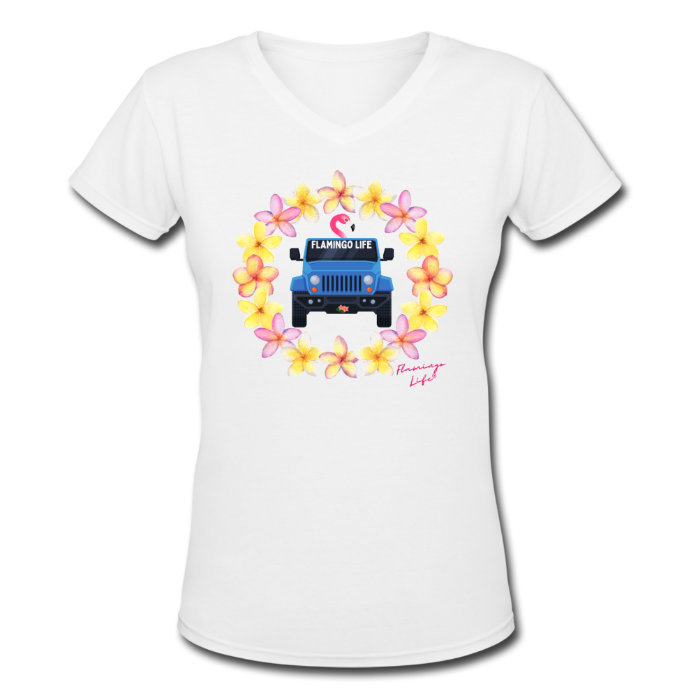 Flamingo Life® Jeep Women's V-Neck T-Shirt - white