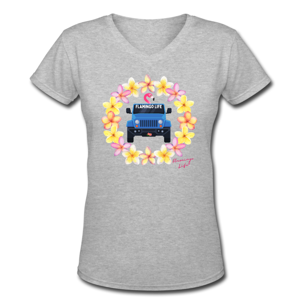 Flamingo Life® Jeep Women's V-Neck T-Shirt - gray