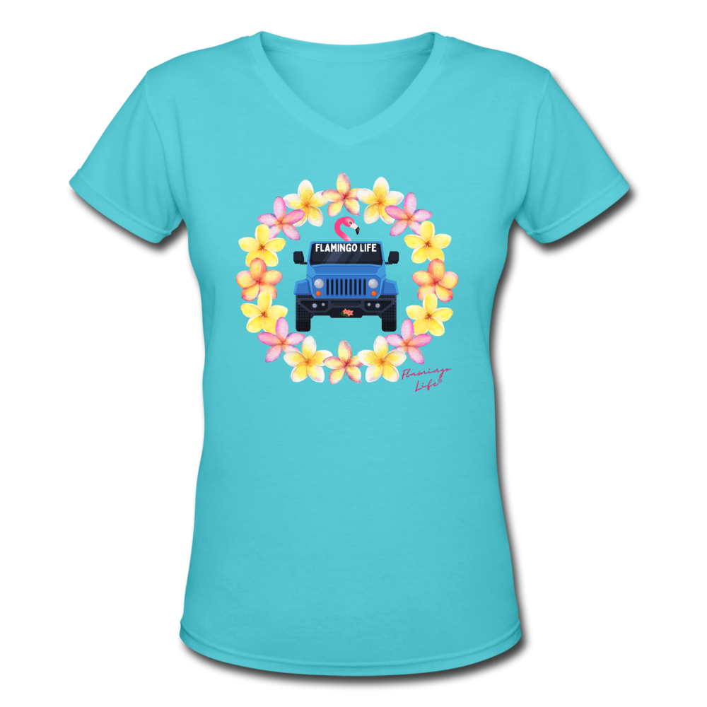 Flamingo Life® Jeep Women's V-Neck T-Shirt - aqua