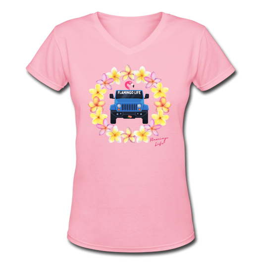 Flamingo Life® Jeep Women's V-Neck T-Shirt - pink