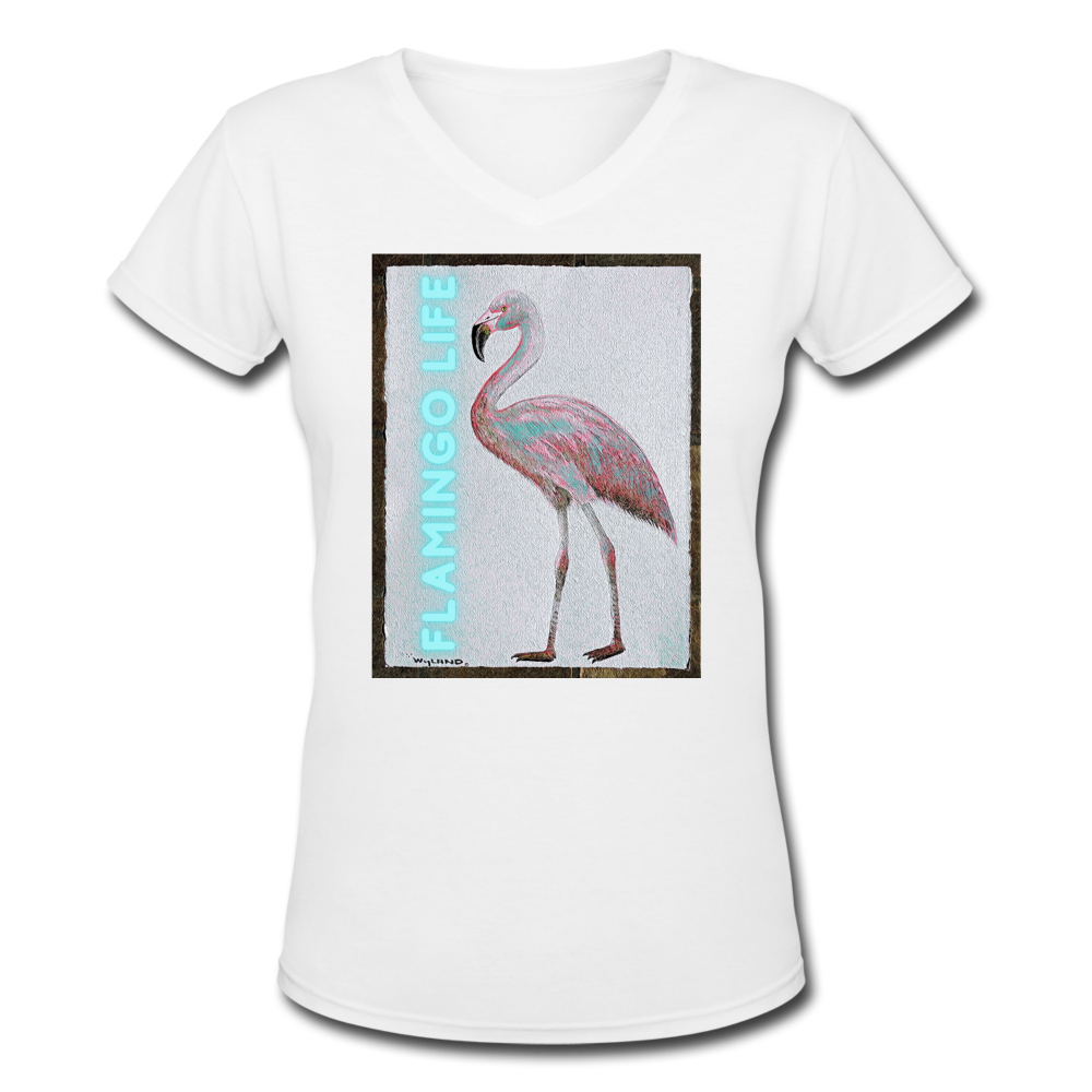 Flamingo Life® Wyland© Designed Womens V-Neck T-Shirt - white