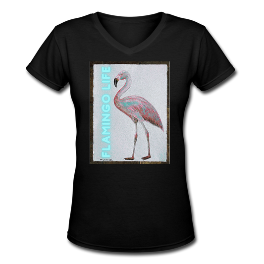 Flamingo Life® Wyland© Designed Womens V-Neck T-Shirt - black