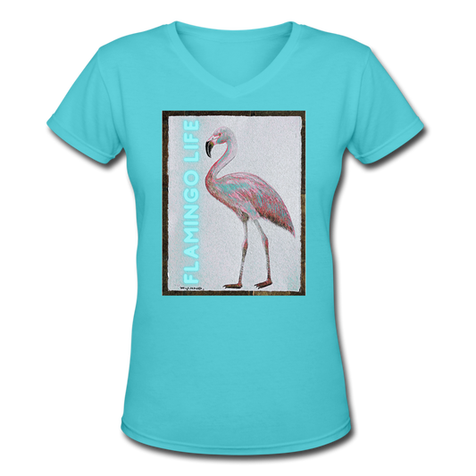 Flamingo Life® Wyland© Designed Womens V-Neck T-Shirt - aqua