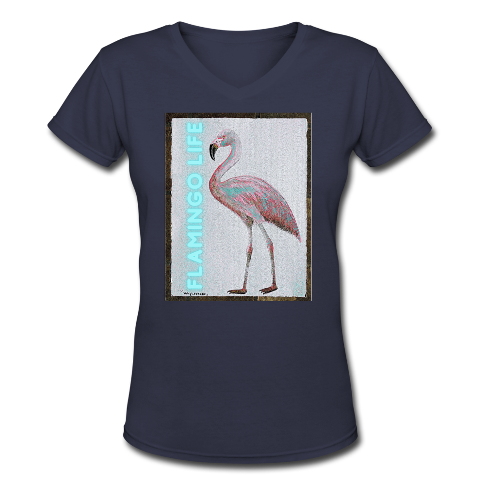 Flamingo Life® Wyland© Designed Womens V-Neck T-Shirt - navy